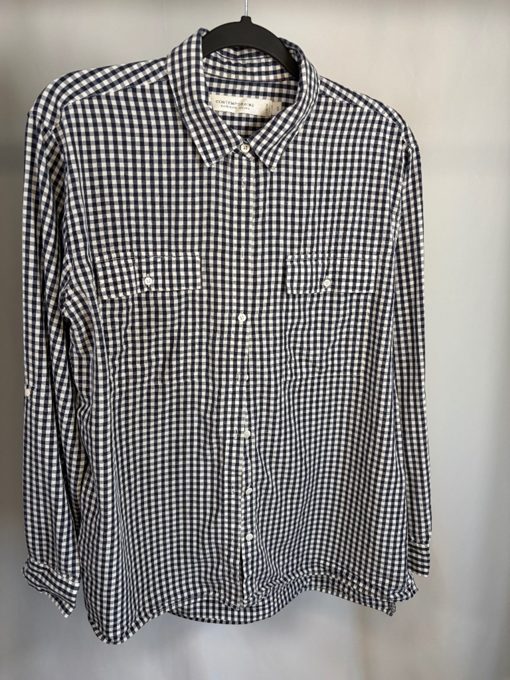 Contemporaine Simons 100% Lyocell Navy Gingham Button-Up Shirt L